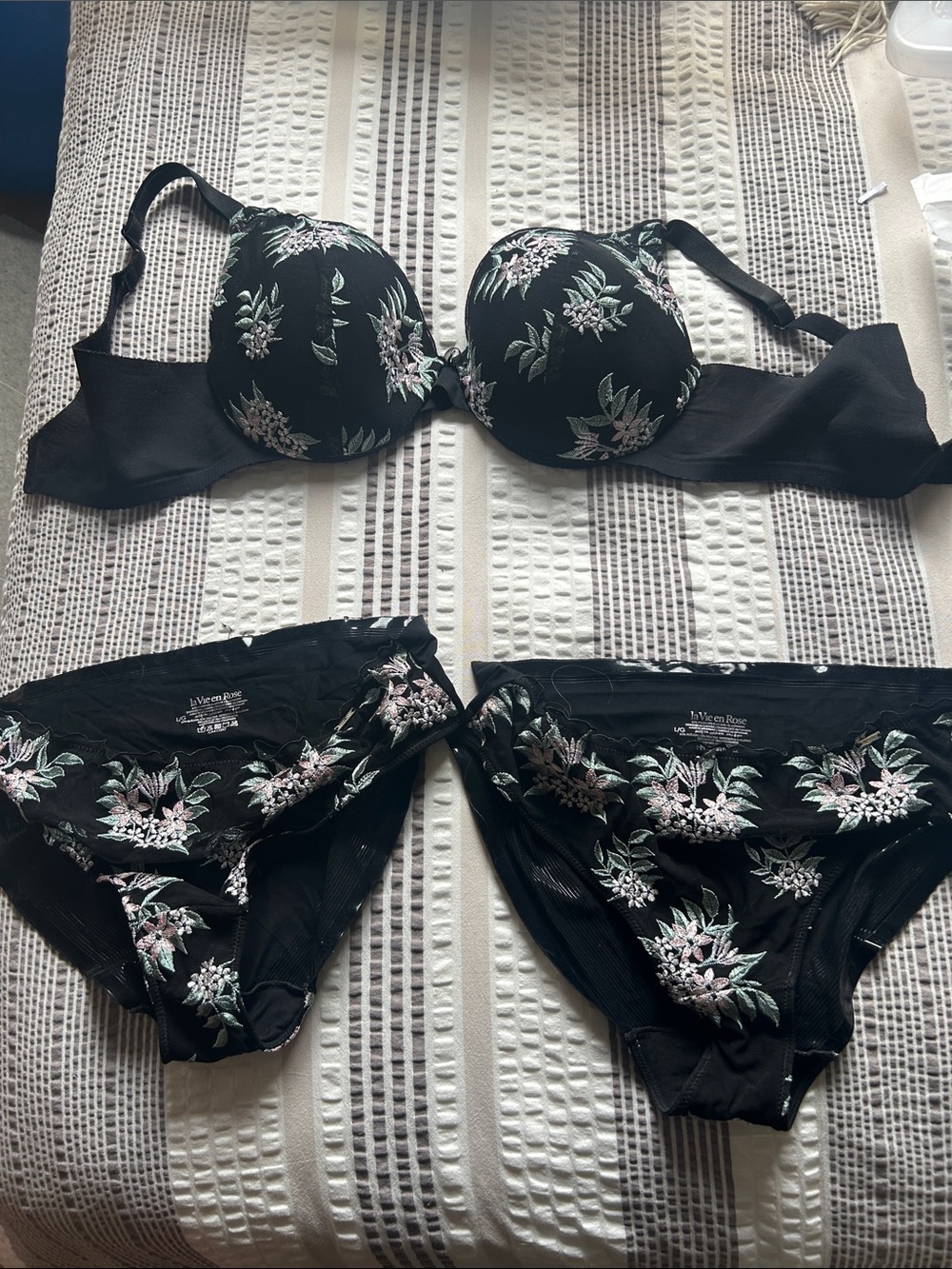 La Vie En Rose Black Floral Underwire Bra and Panty Set